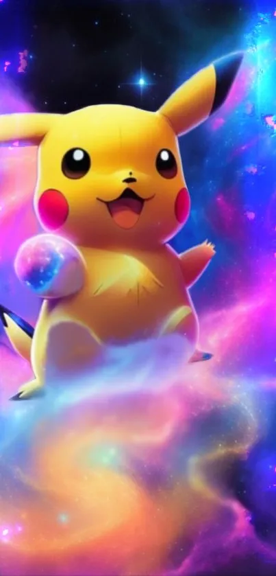 Pikachu floating in a vibrant galaxy scene.