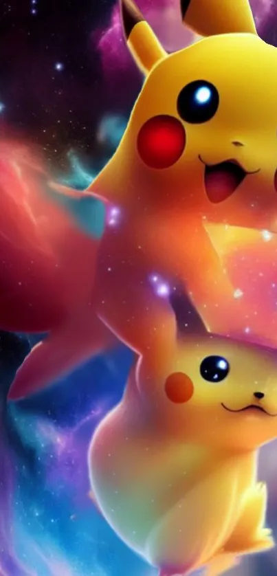 Vibrant Pikachu with a colorful galaxy background on mobile wallpaper.