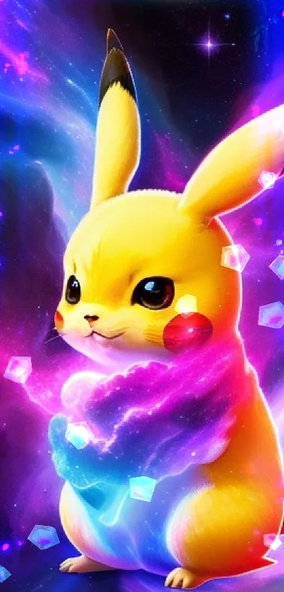 Vibrant Pikachu in a cosmic, colorful glow on a mobile wallpaper.