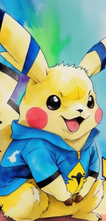 Pikachu wearing a blue hoodie with a colorful background illustration.