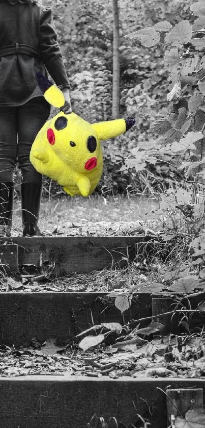 Vibrant Pikachu stands out in a grayscale forest setting.