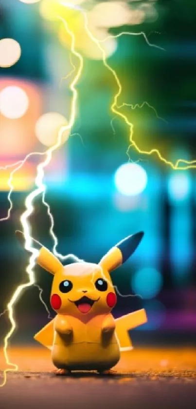 Pikachu with lightning in a vibrant city background.