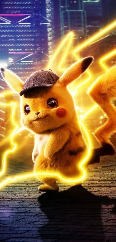 Pikachu with lightning in cityscape wallpaper, vibrant yellow tone.