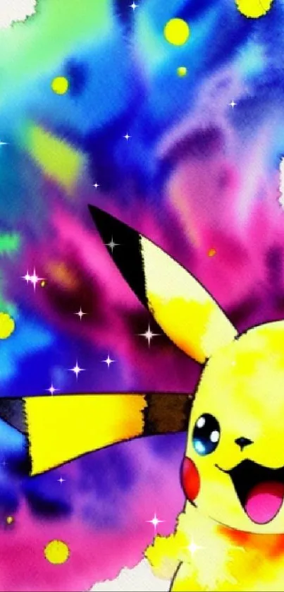 Colorful Pikachu wallpaper with watercolor background in vibrant hues.