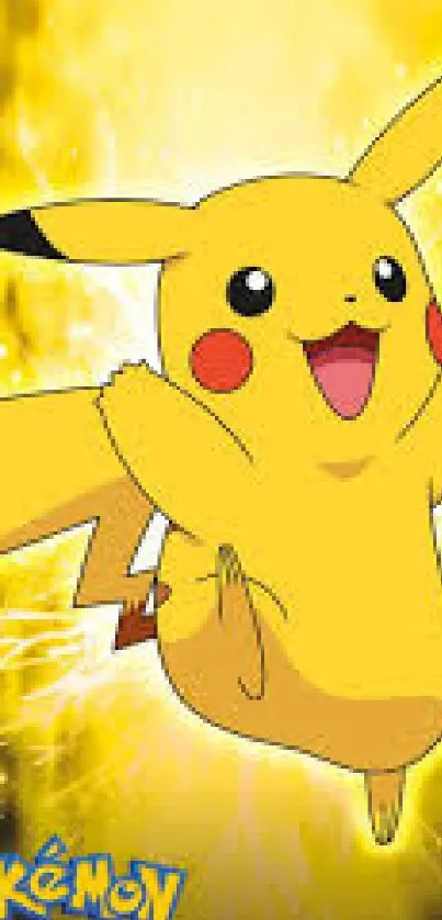 Vibrant Pikachu jumping with electric sparks on a yellow background.