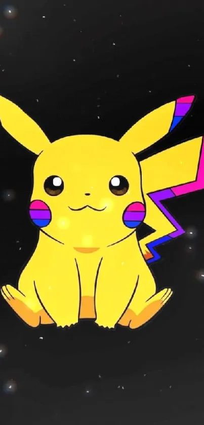 Yellow Pikachu with colorful accents on black background.