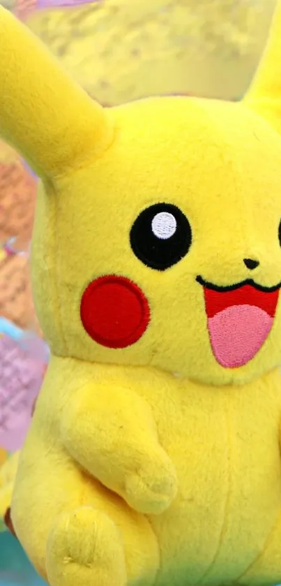 Vibrant Pokémon Pikachu plush toy with a colorful map background.