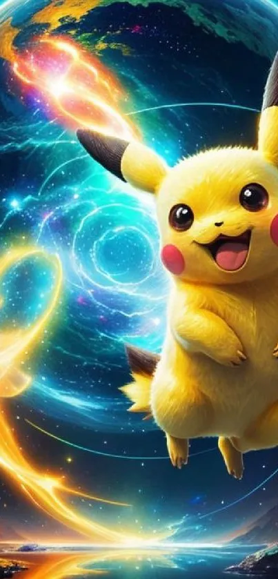 Pikachu in a vibrant cosmic galaxy