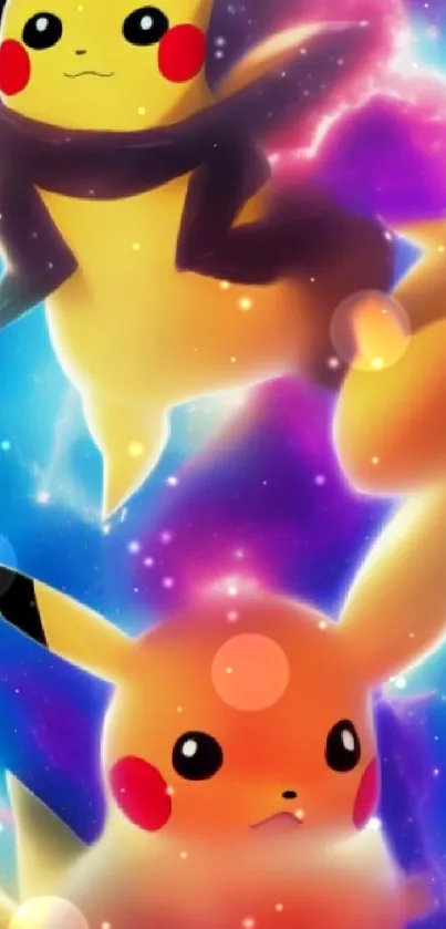 Pikachu in a vibrant cosmic space scene mobile wallpaper.