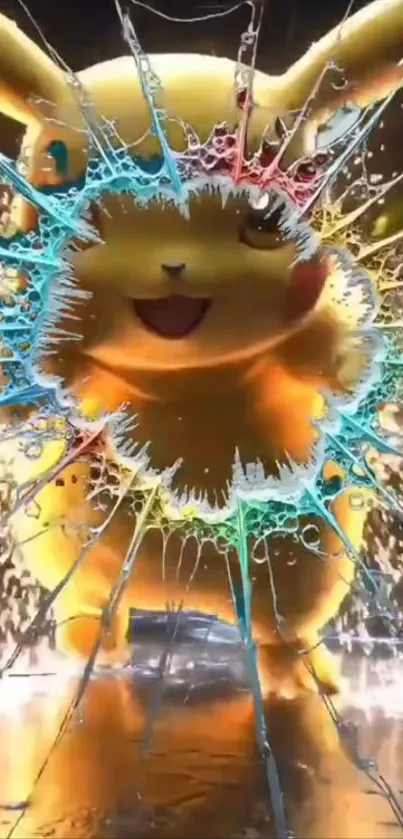 Pikachu breaking through colorful splatter art design.