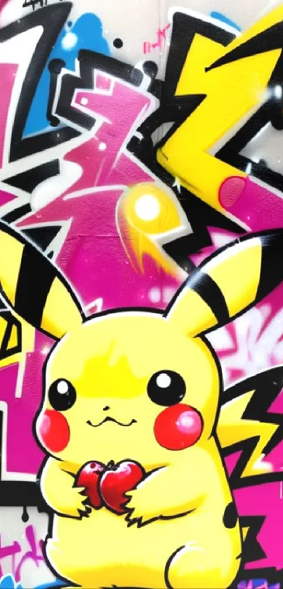 Vibrant graffiti of Pikachu holding a heart on a pink urban backdrop.