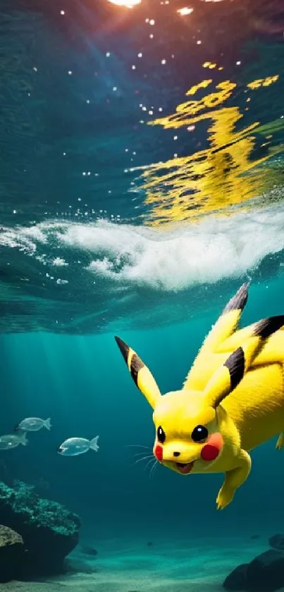 Pikachu swimming underwater in vibrant ocean scene with fish and corals.