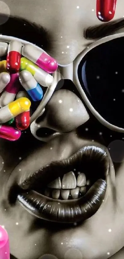 Colorful artwork featuring pills with sunglasses and a bold expression.