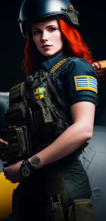 Red-haired pilot in tactical gear with aircraft backdrop.