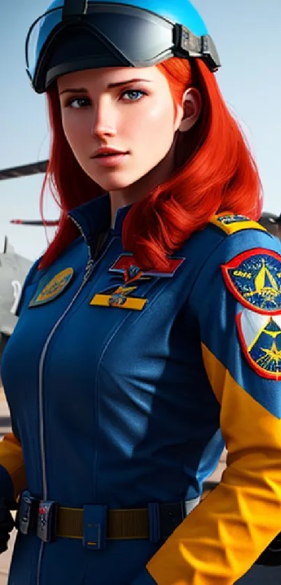 Red-haired pilot in blue uniform standing by vintage aircraft on runway.