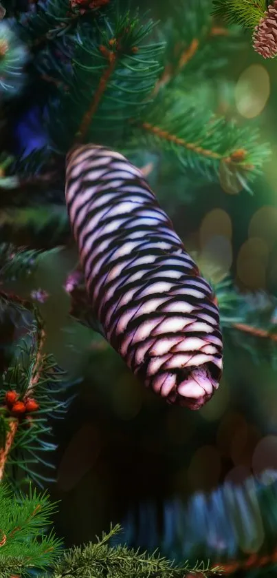 Close-up of a vibrant pine cone on a green, forested background.