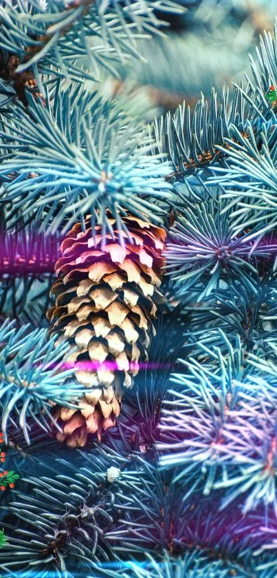 Vibrant pine cone among blue-green pine needles with colorful highlights.