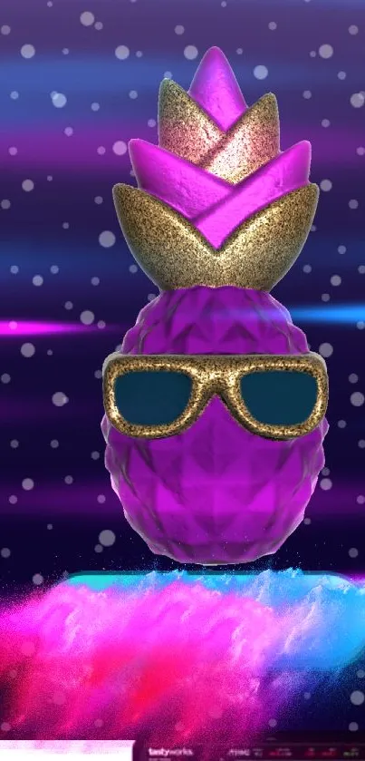 Vibrant purple pineapple with gold accents on a galaxy-inspired background.