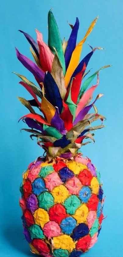 Colorful pineapple art against a blue background.