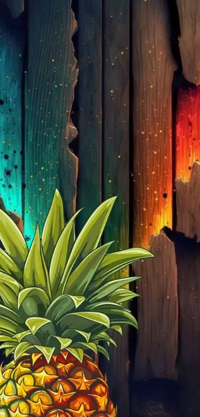 Colorful pineapple and wooden background wallpaper.