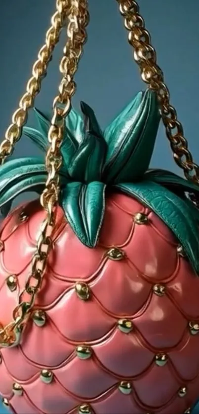 Pineapple handbag with gold chain on blue background.