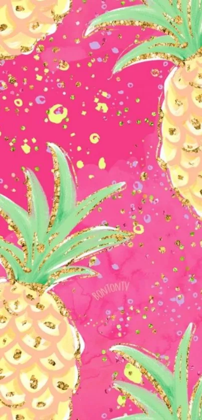 Vibrant pink and gold pineapple wallpaper design.