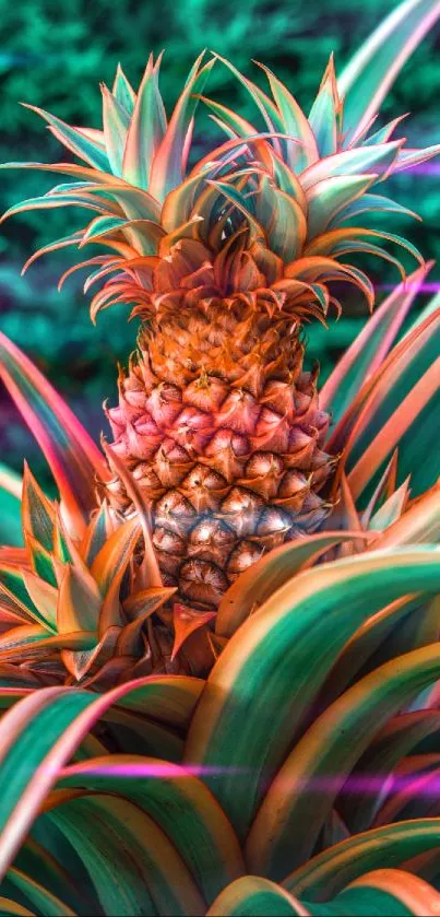 Vibrant pineapple plant with colorful leaves and turquoise green background.