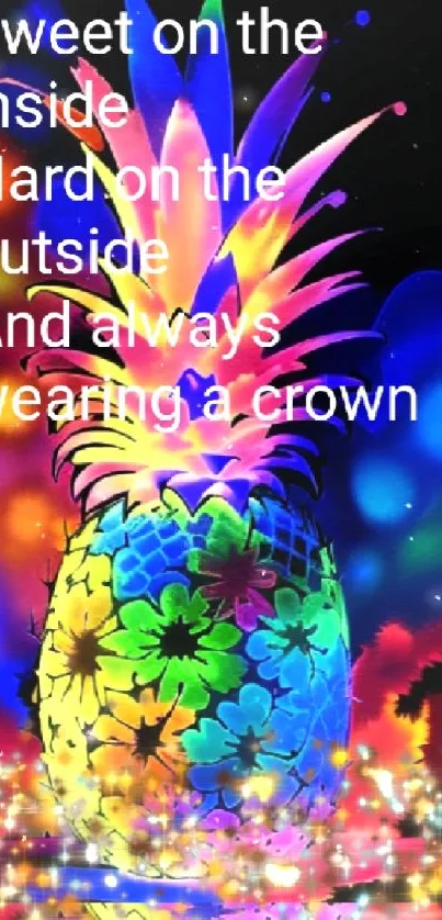 Colorful pineapple with inspirational quote on black background.