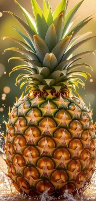 Vibrant pineapple with water splash in nature setting.