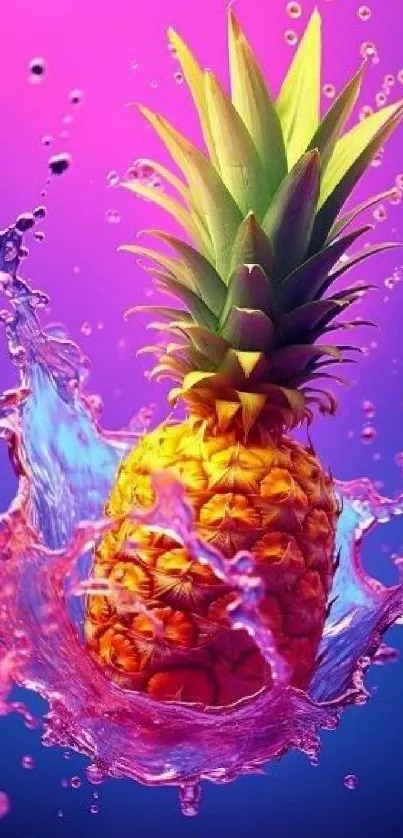 A vibrant pineapple splashes in pink and purple hues for a tropical phone wallpaper.