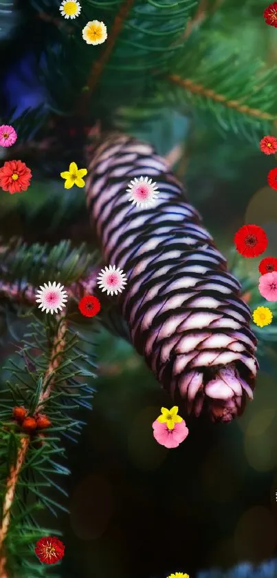 Colorful nature wallpaper with pinecone and flowers.