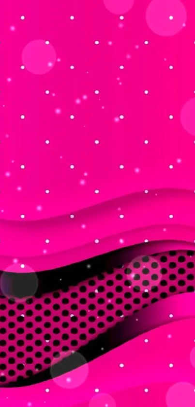 Vibrant pink abstract wallpaper with wavy dotted patterns.