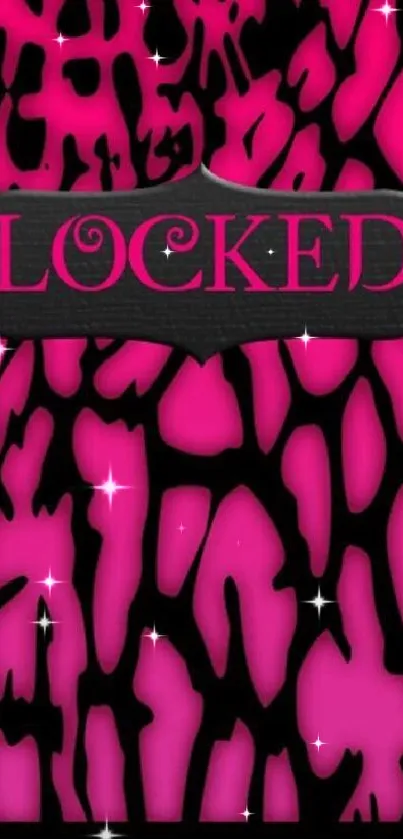 Vibrant pink wallpaper with bold black patterns and 'locked' text.