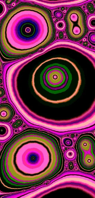 Vibrant pink and black abstract wallpaper with concentric circles.