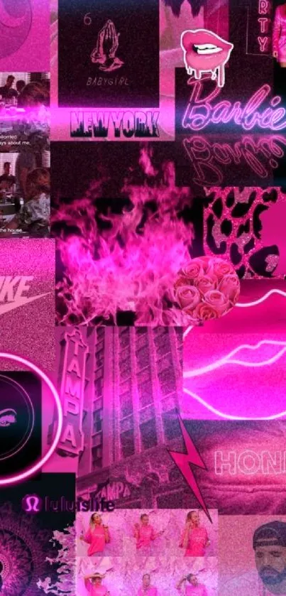 Pink aesthetic collage with neon elements and fashion highlights.