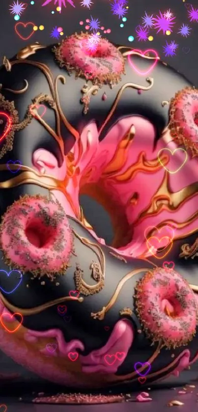 Artistic pink and black donut wallpaper design with colorful decorations.