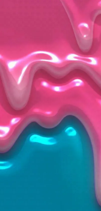 Vibrant pink and teal glossy liquid art wallpaper.