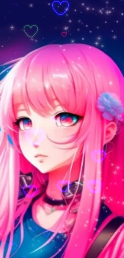 Anime character with pink hair and vibrant neon hearts.