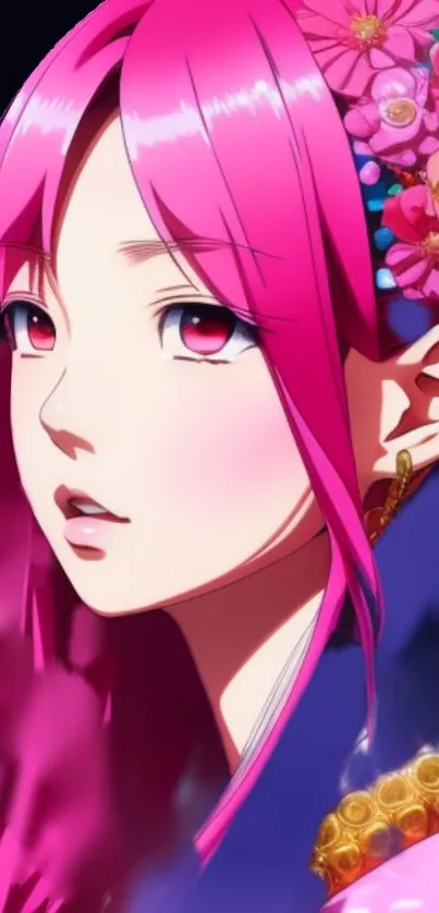 Anime portrait of a pink-haired girl with floral details and vibrant colors.