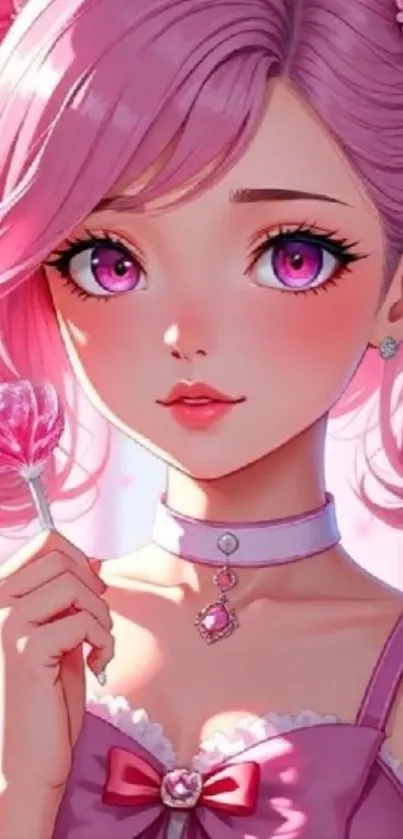 Anime character with pink hair and eyes holding a lollipop.