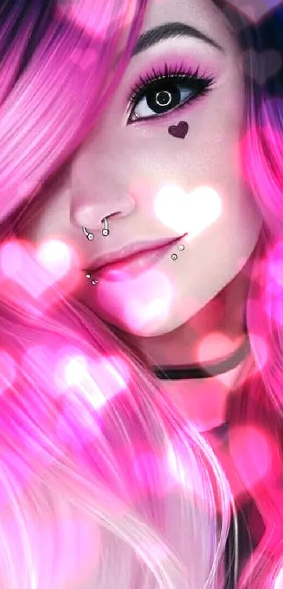 Digital artwork of a person with pink hair and piercings.