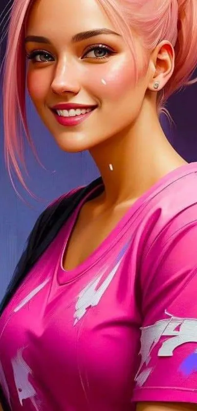 Vibrant pink artwork of smiling figure on mobile wallpaper.