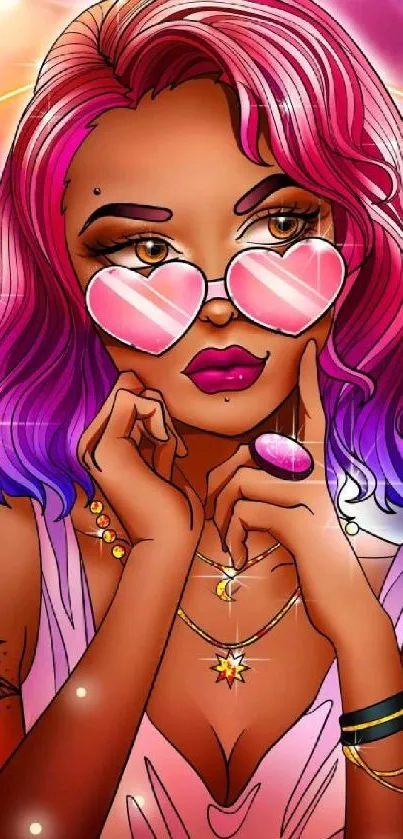 Artistic wallpaper of a woman with pink and purple hues and retro style sunglasses.