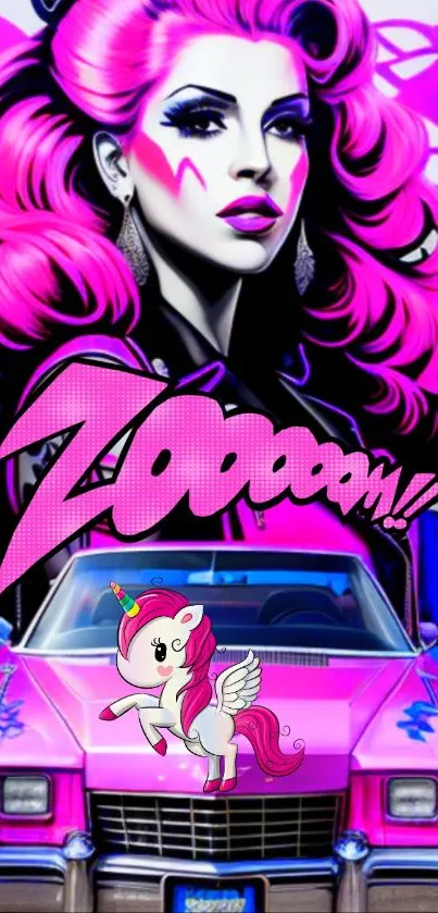 Bright pink street art with unicorn and retro car design.