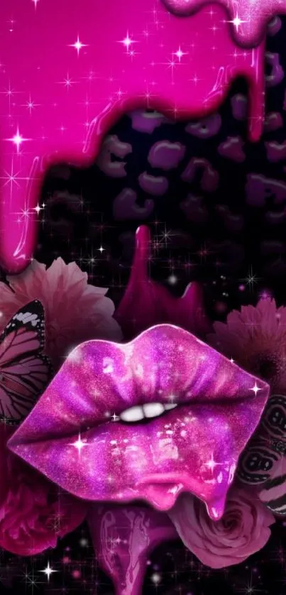 Vibrant pink wallpaper with dripping paint and sparkling lips.