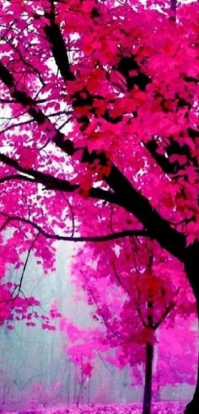 Pink autumn tree in a forest setting, vibrant and serene.