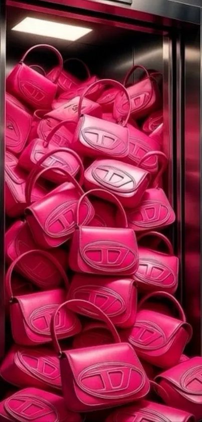 Elevator overflowing with vibrant pink handbags.