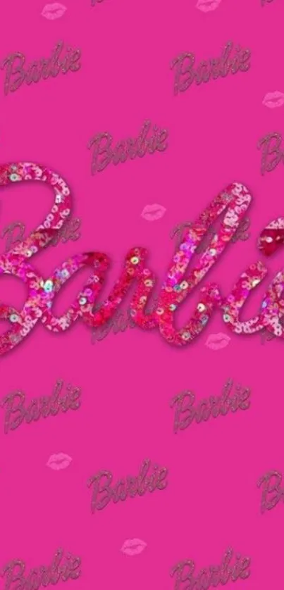 Vibrant pink Barbie wallpaper with glitter accents and iconic logo.