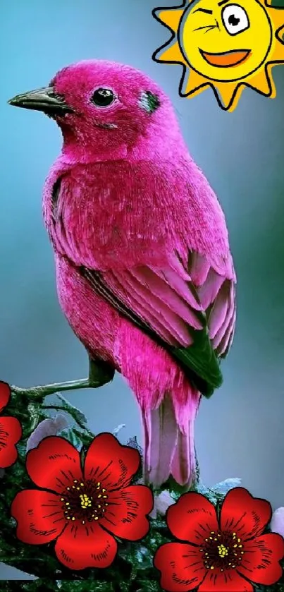 Pink bird with flowers mobile wallpaper with a vibrant sun illustration.