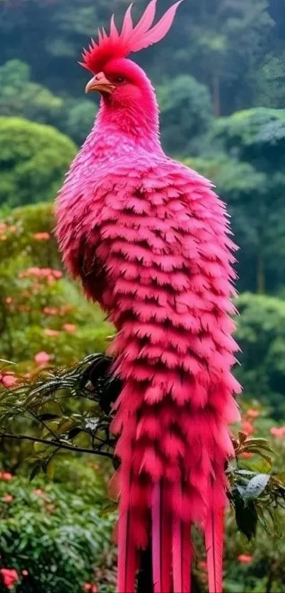 A vibrant pink bird perched in a lush green forest, capturing nature's vivid beauty.